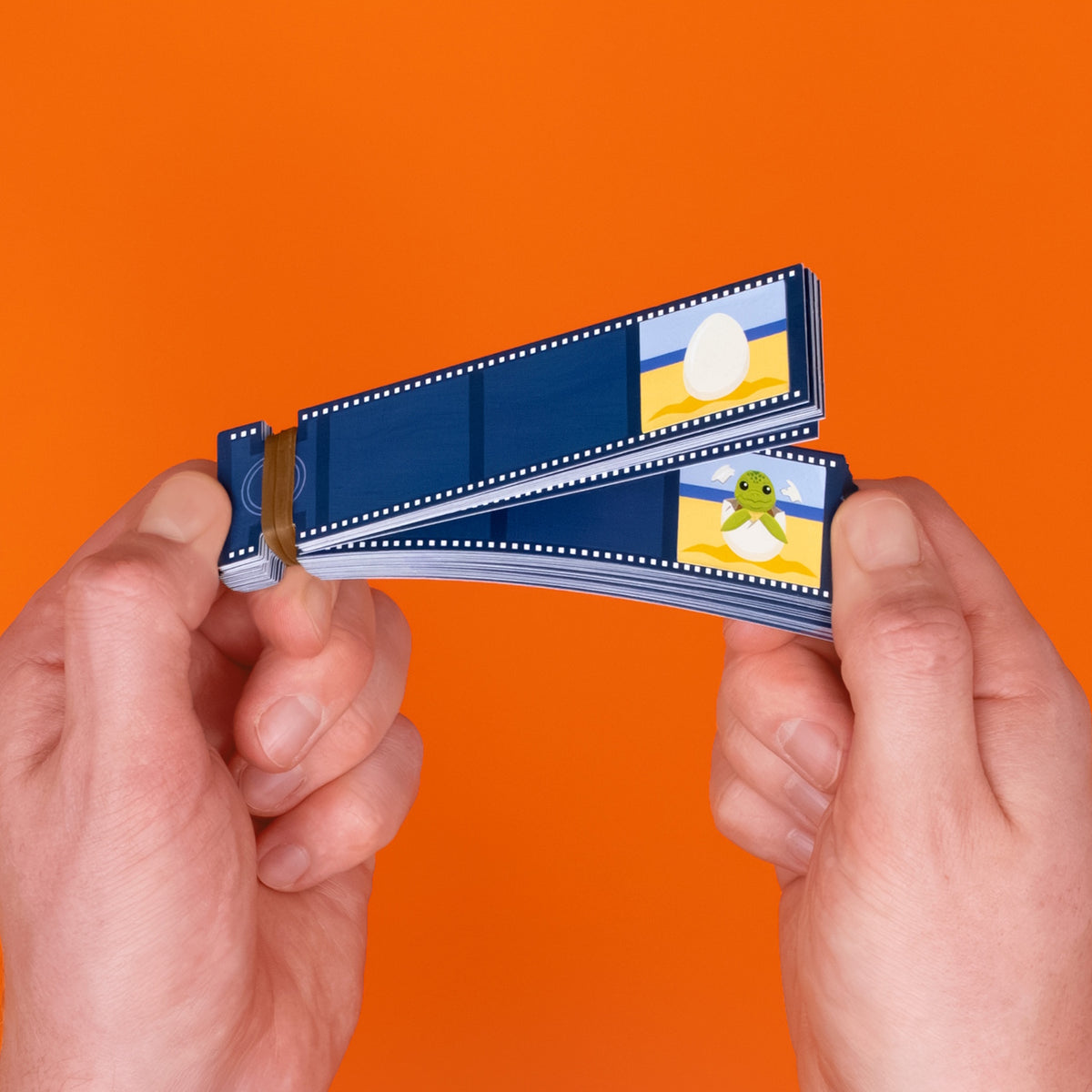 Hands holding an ocean-themed flip book against a bright orange background, showing a sea turtle hatching.