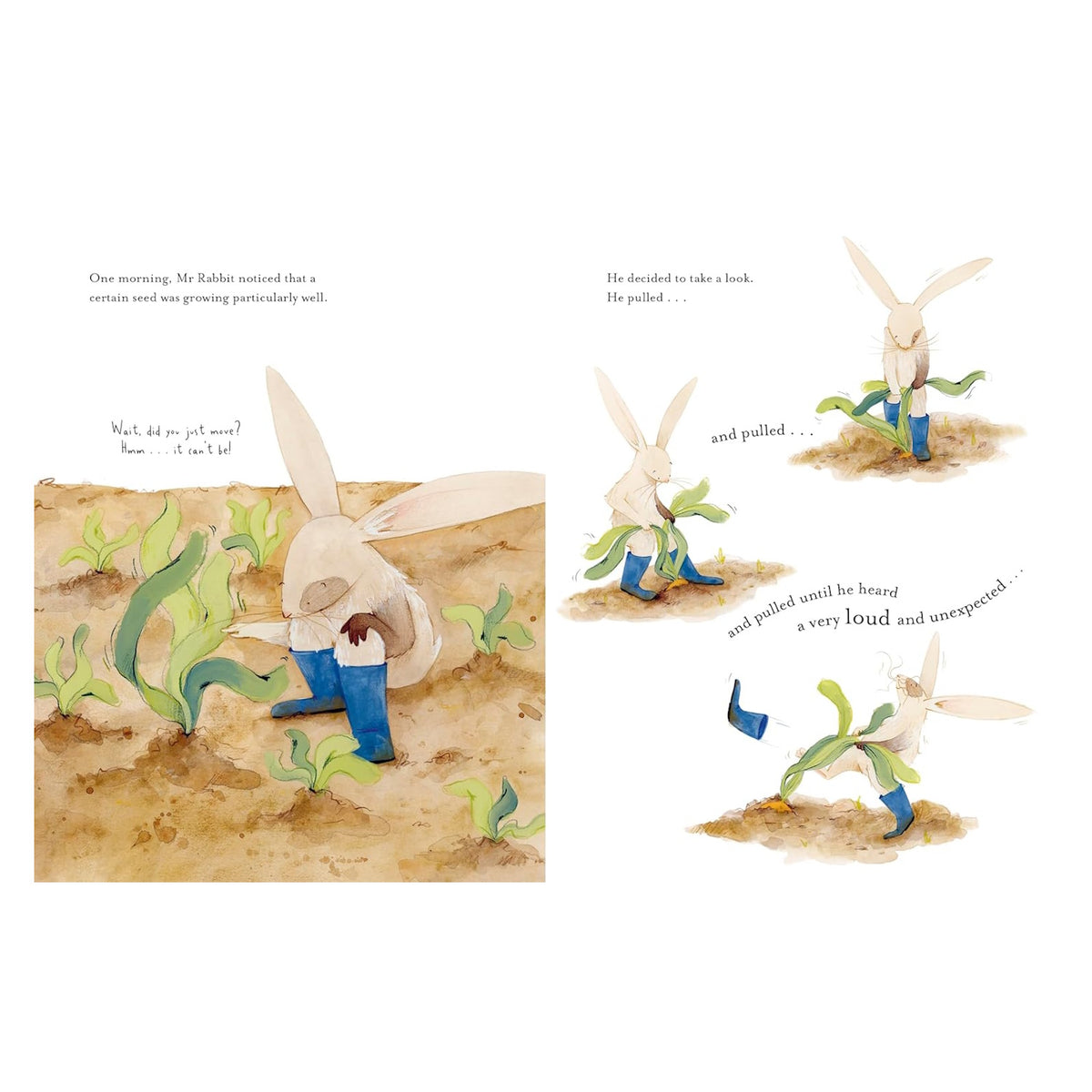 Oh, Carrots! inside page showing Mr. Rabbit pulling a stubborn carrot seedling from the garden until his boot flies off.