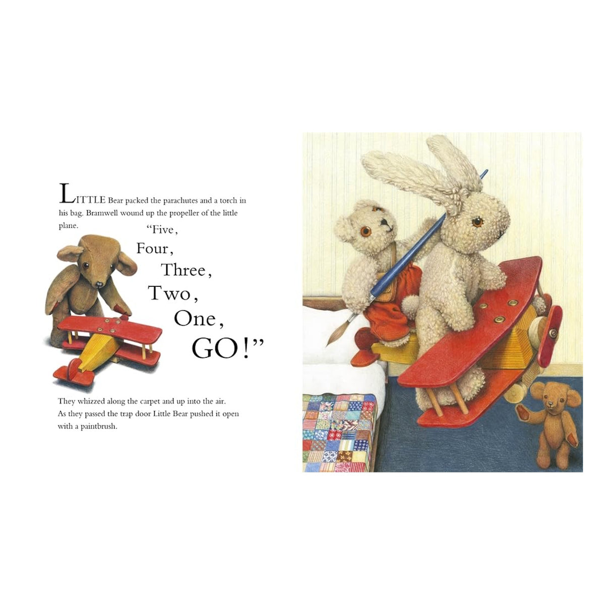 Illustrated children's book page showing toy animals playing with a wind-up toy airplane.
