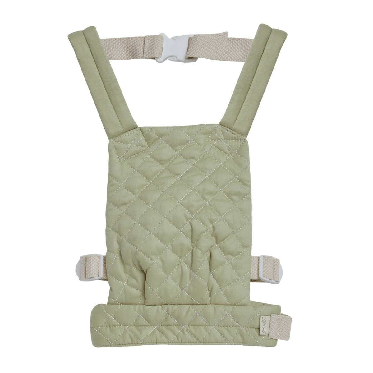 Quilted sage doll carrier with adjustable straps and buckle, displayed against a white background. The carrier has a soft, padded look.