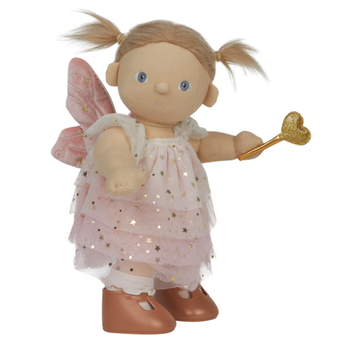 A doll with pigtails wears a pink star-patterned fairy dress, wings, and holds a gold heart wand. The doll has a cheerful expression.