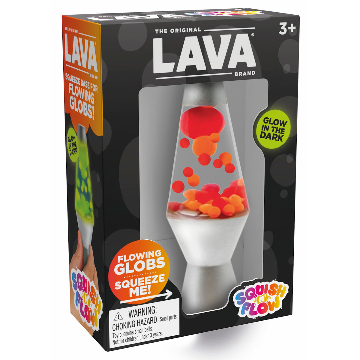 Lava Brand Squish 'N' Flow toy box featuring a glow-in-the-dark lava lamp with orange and red flowing globs for ages 3+.