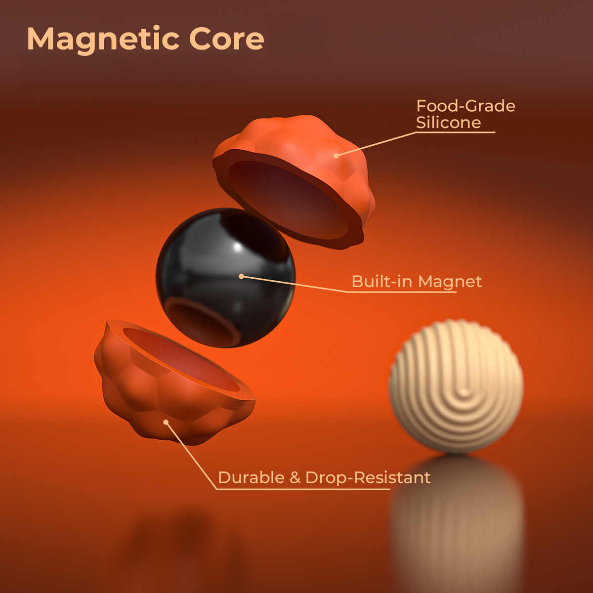 Diagram showing an exploded view of a magnetic sensory ball, featuring a inner magnet and outer silicone shell.