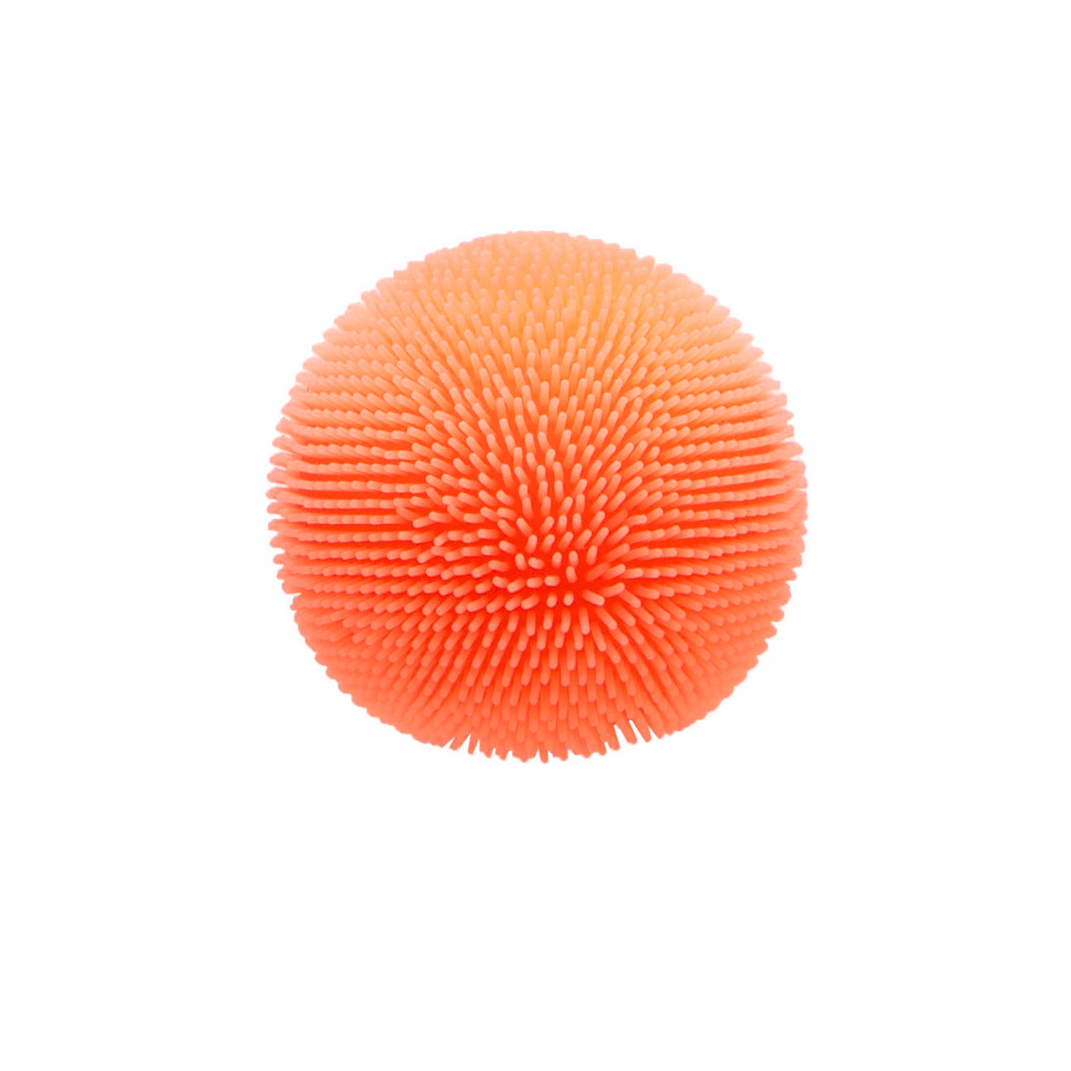 A bright orange rubbery ball covered in soft, flexible textured nubs against a plain white background.