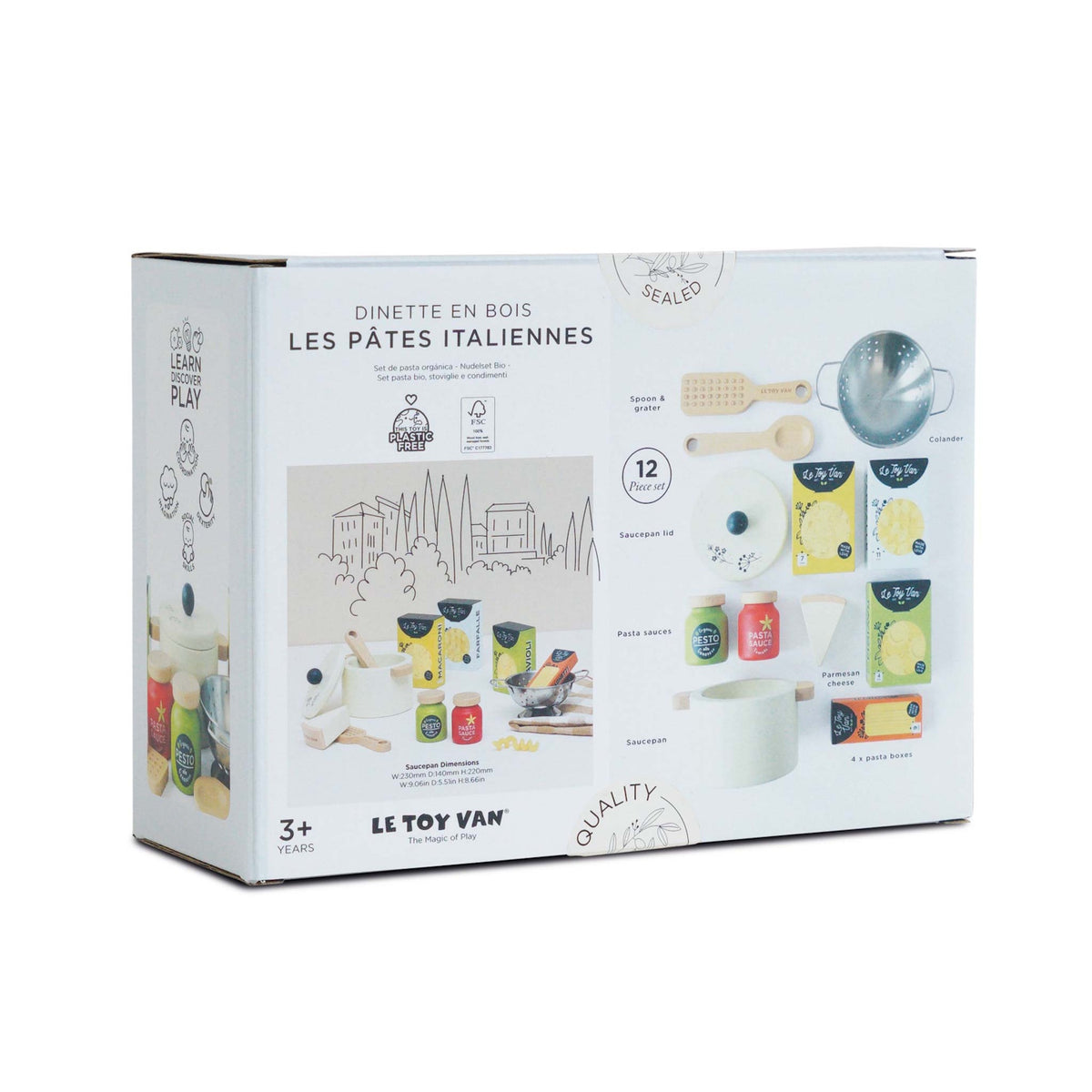 Back packaging of Le Toy Van wooden pasta set displaying product features and individual pieces.