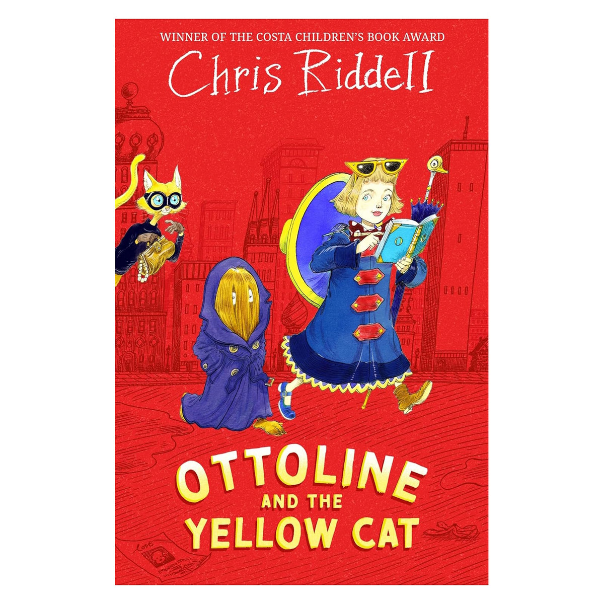 Ottoline and the Yellow Cat book cover by Chris Riddell, showing a girl, hairy creature, and a masked cat.