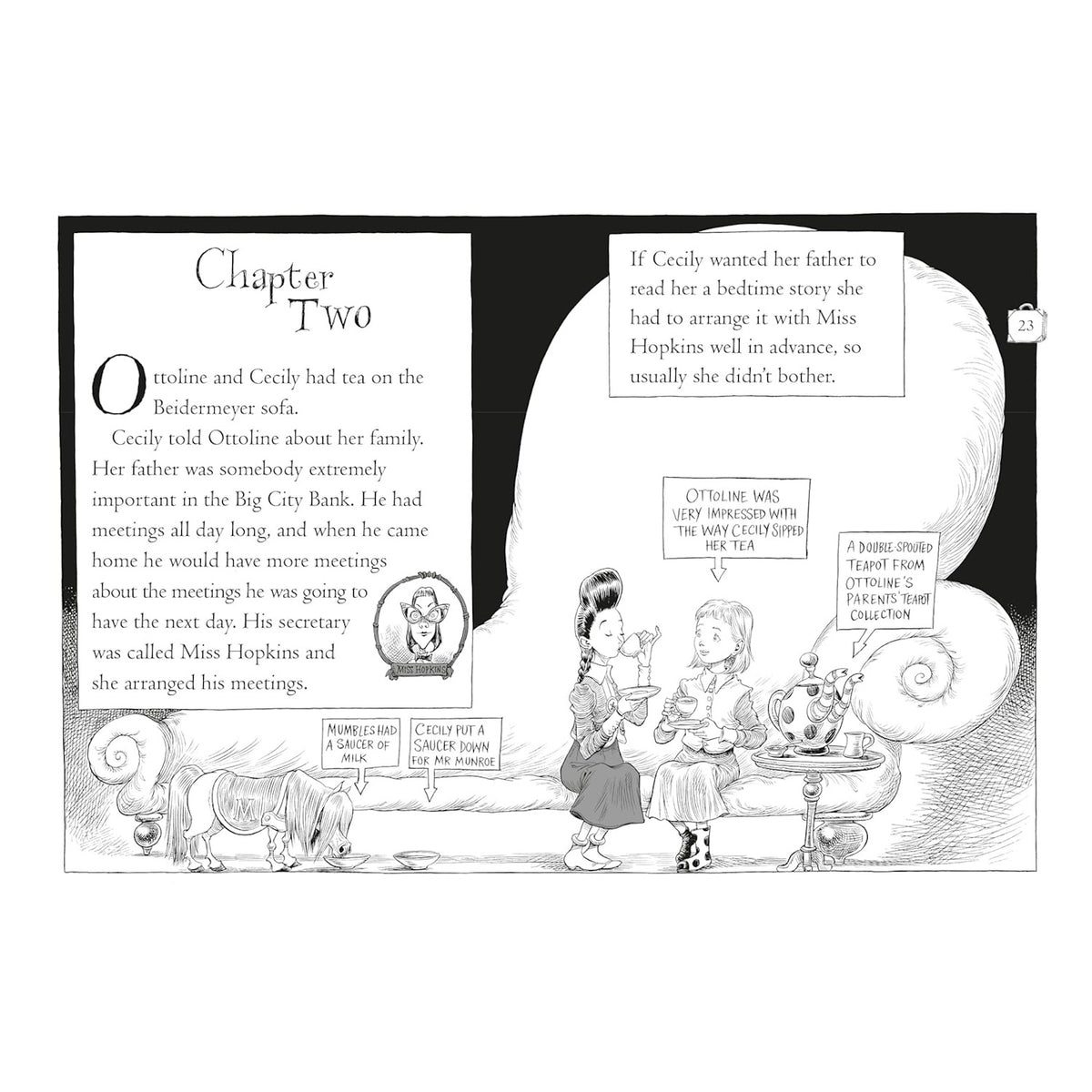 Inside page illustration from Ottoline Goes to School children's book showing characters having tea.