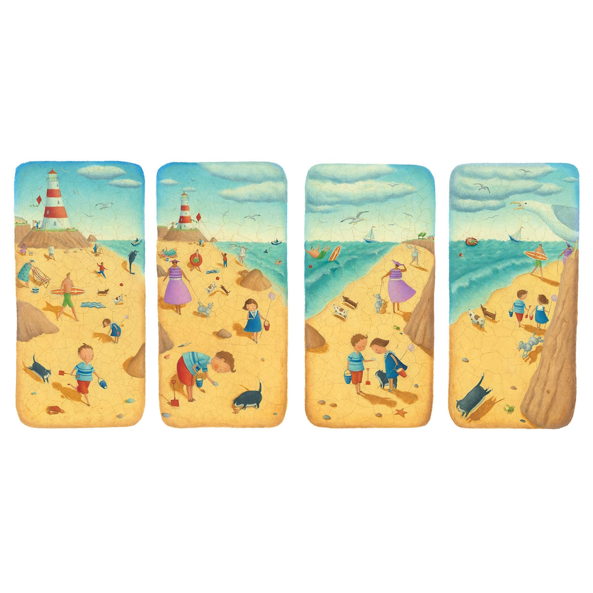 Four vertical panels illustrating a whimsical beach scene with people, dogs, a lighthouse, and a textured crackle finish.