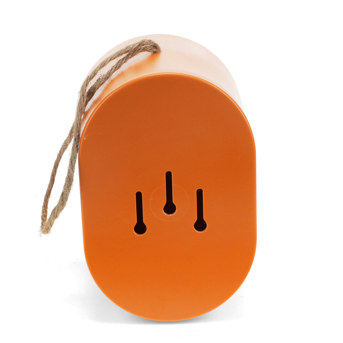 Back view of an orange oval bamboo fiber birdhouse with a jute hanging rope and three keyhole mounting slots.
