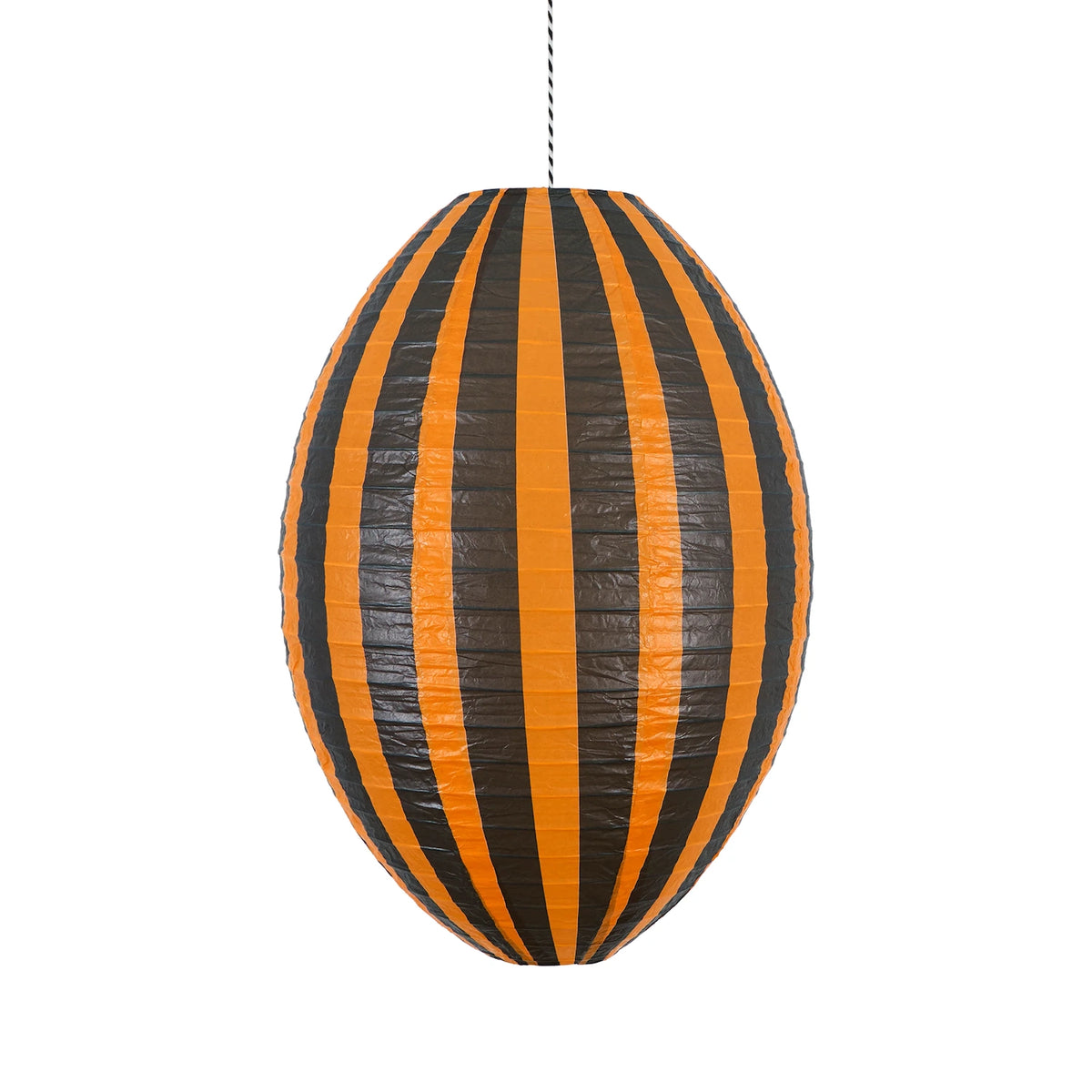 An oval-shaped paper lantern featuring vertical orange and dark brown stripes hanging against a white background.