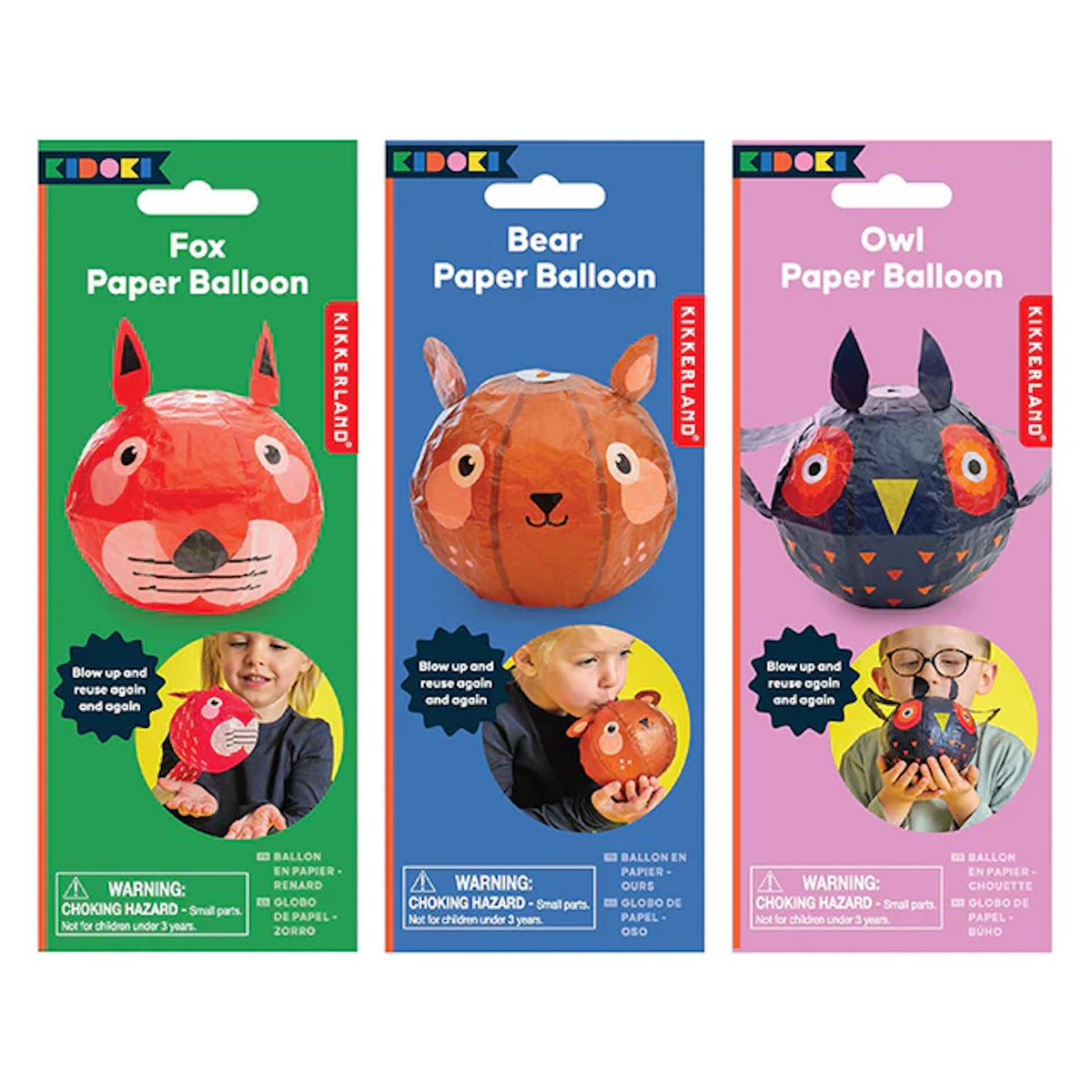Three colorful paper balloon packages: a red fox on green, a brown bear on blue, and a dark owl on pink, each with children playing below.