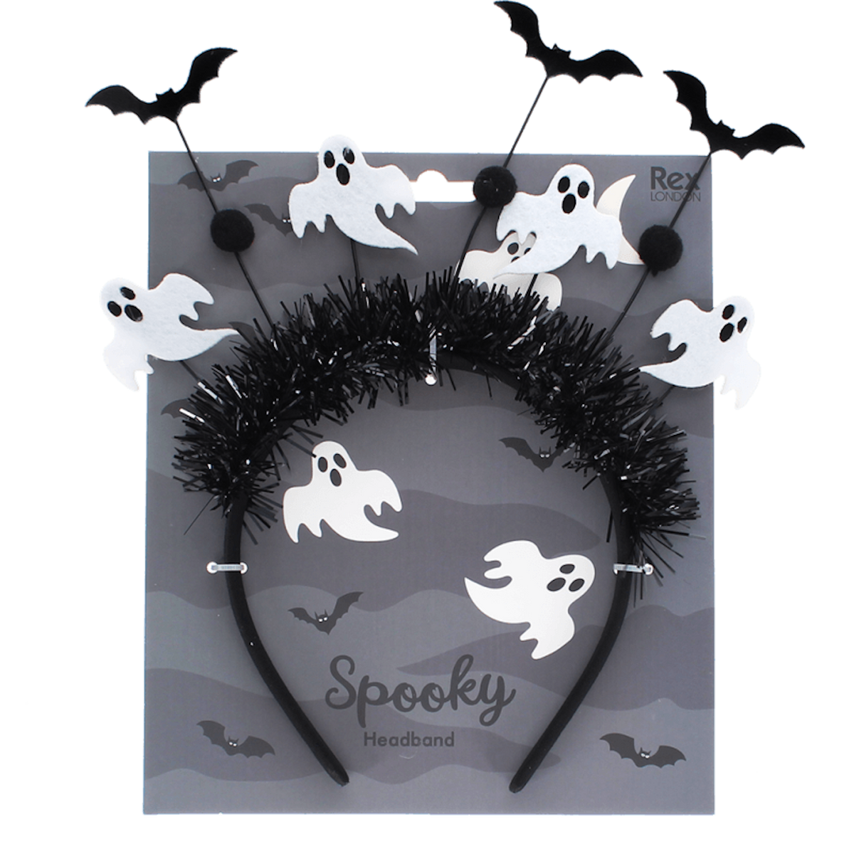 Rex London Spooky Headband with ghosts and bats, mounted on retail backing card.