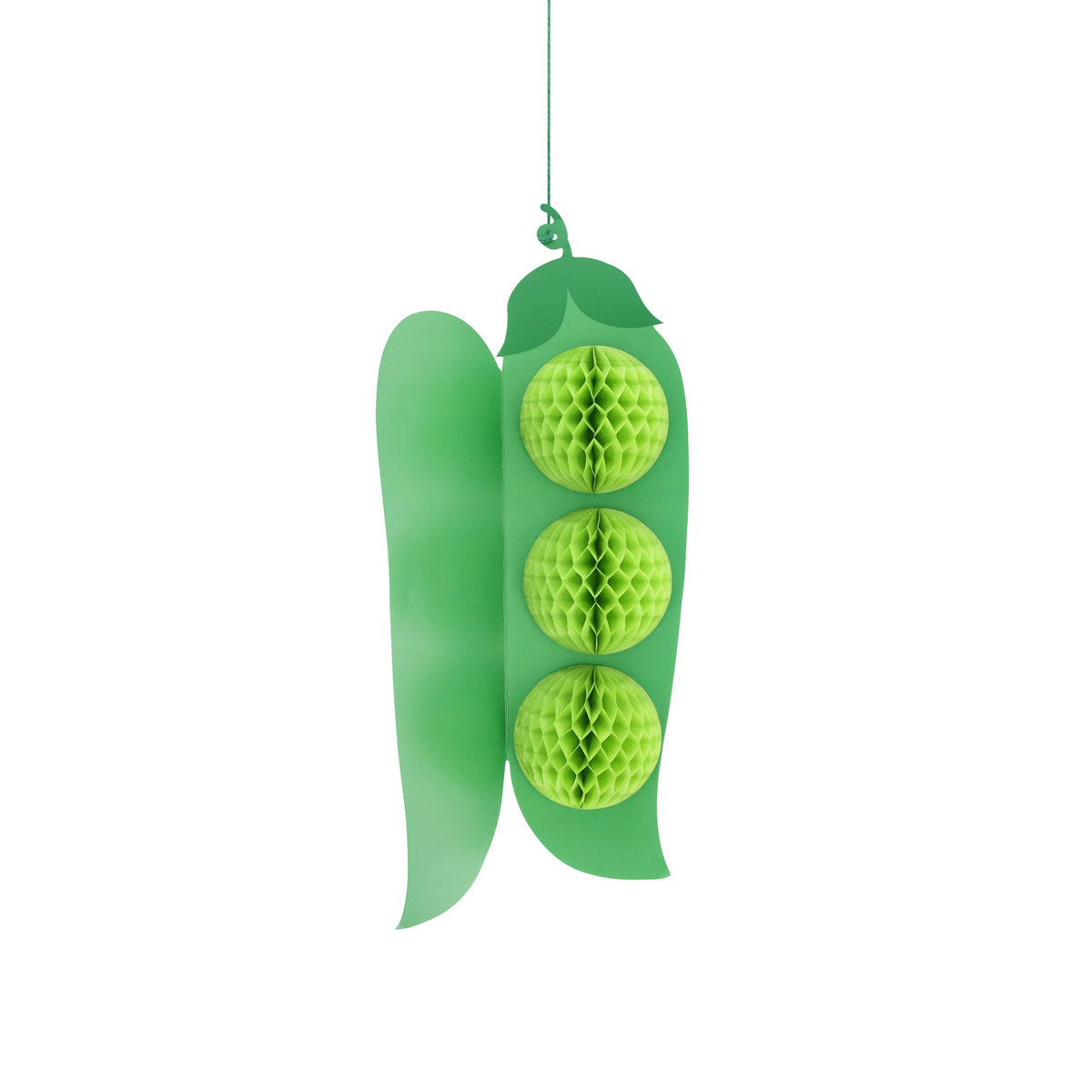 Green paper pea pod hanging decoration with three light green honeycomb tissue paper peas for garden party decor.