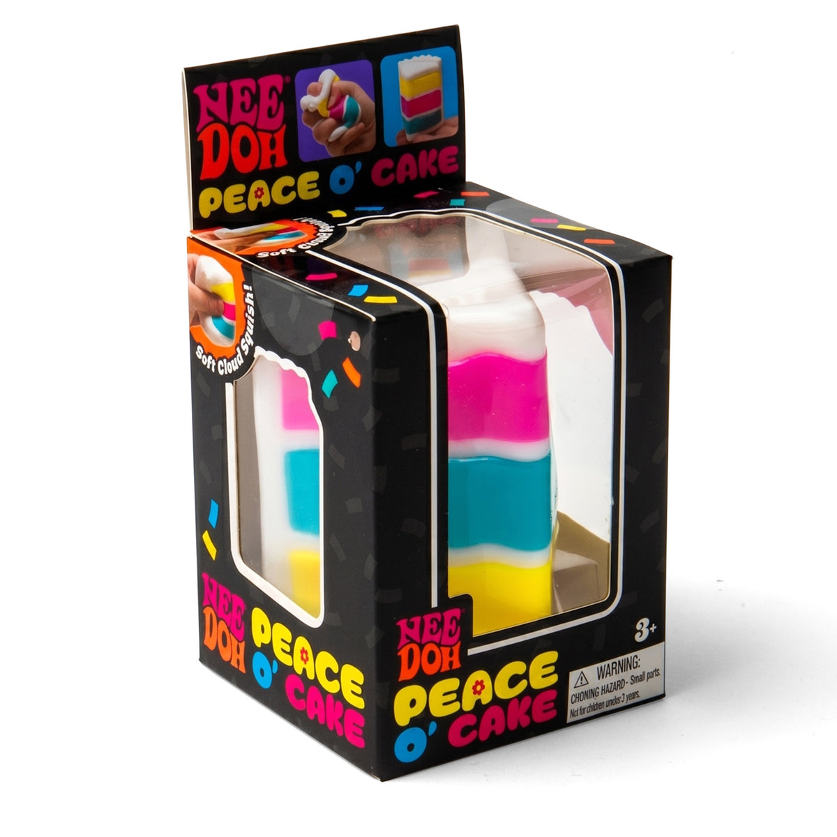 NeeDoh Peace O' Cake toy package showing a colorful cake-shaped squishy toy inside a black box.