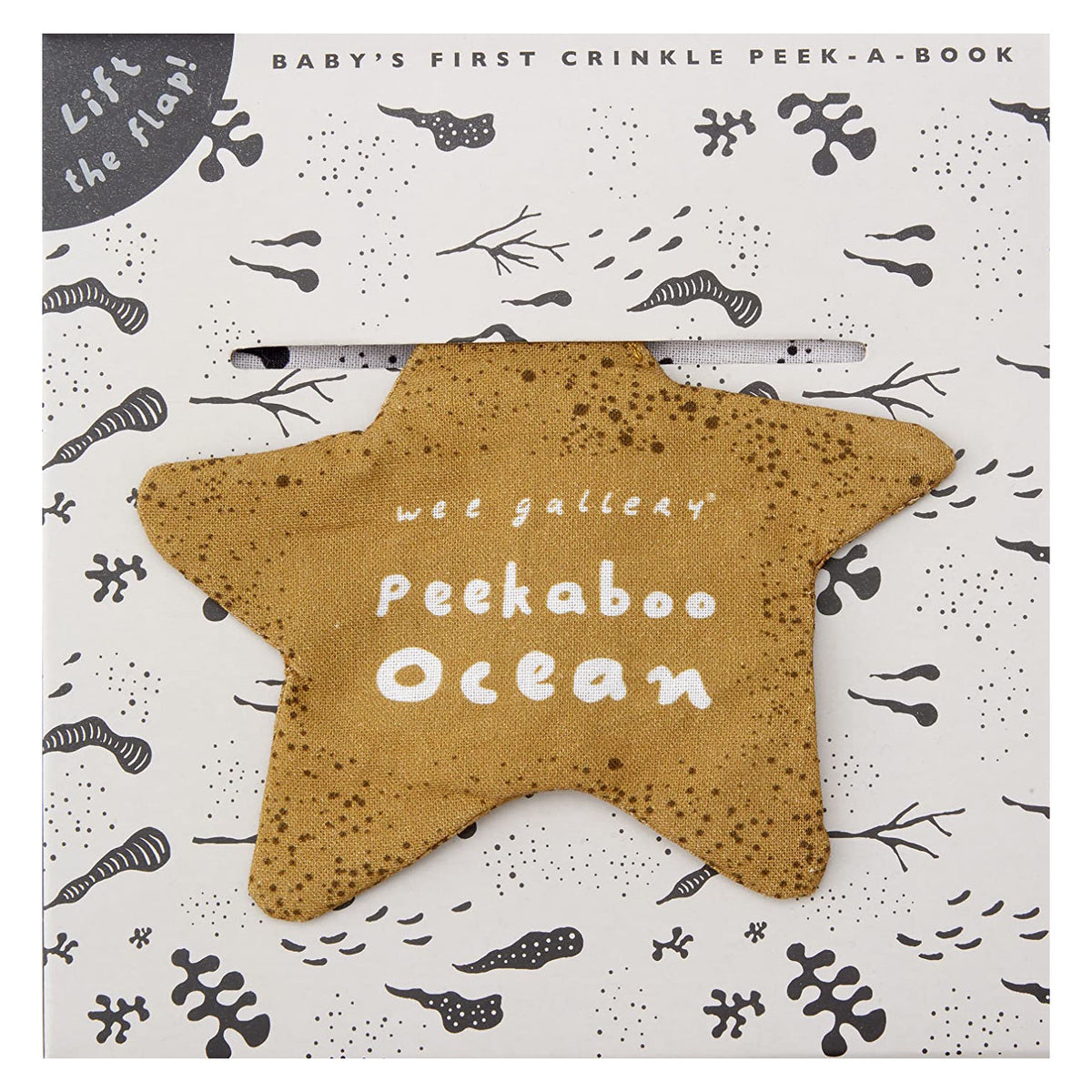 "Peekaboo Ocean" by Wee Gallery, a baby's first crinkle peek-a-book with a starfish-shaped fabric cover.