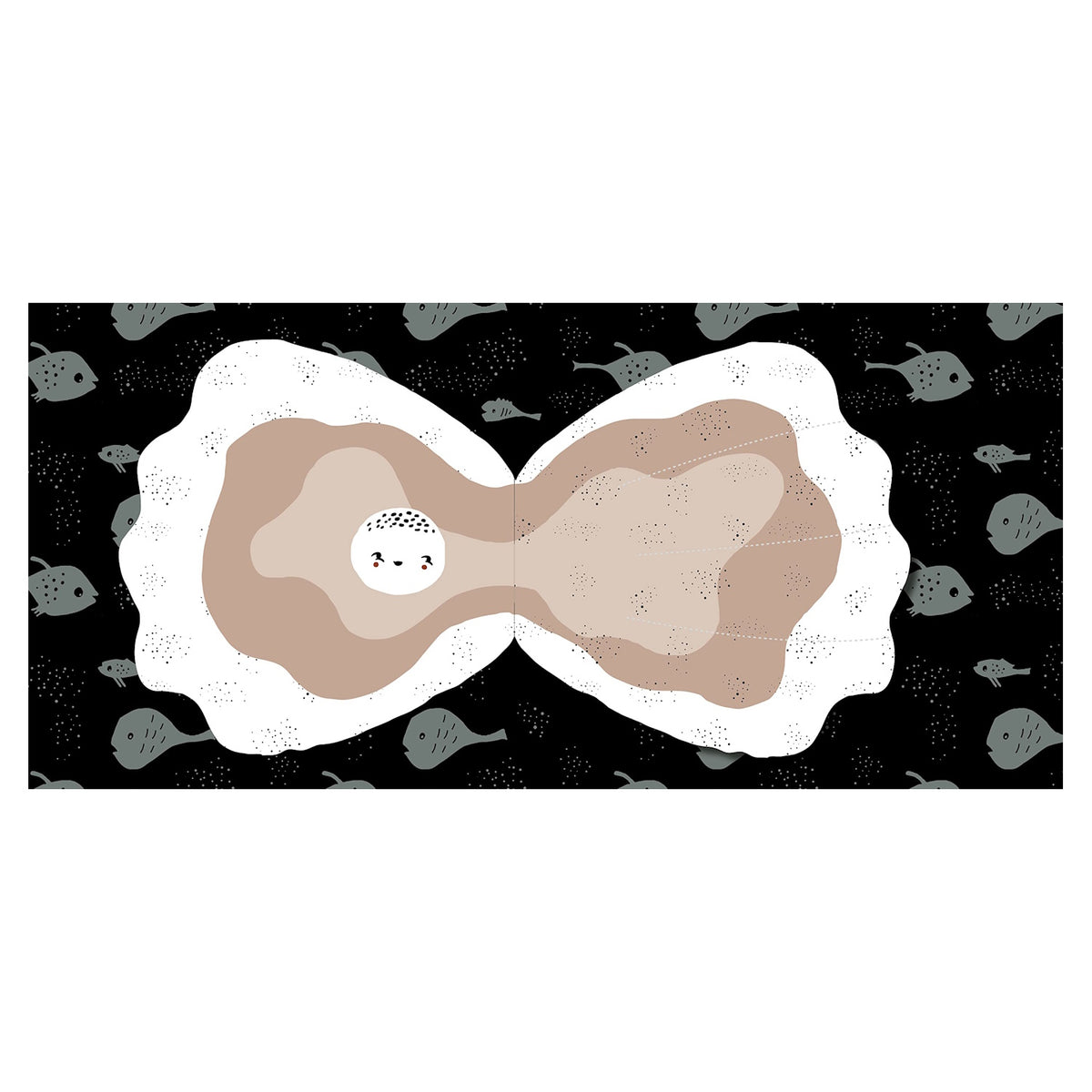 Baby cloth book spread showing an open oyster with a cute pearl inside, surrounded by grey fish on a black background.