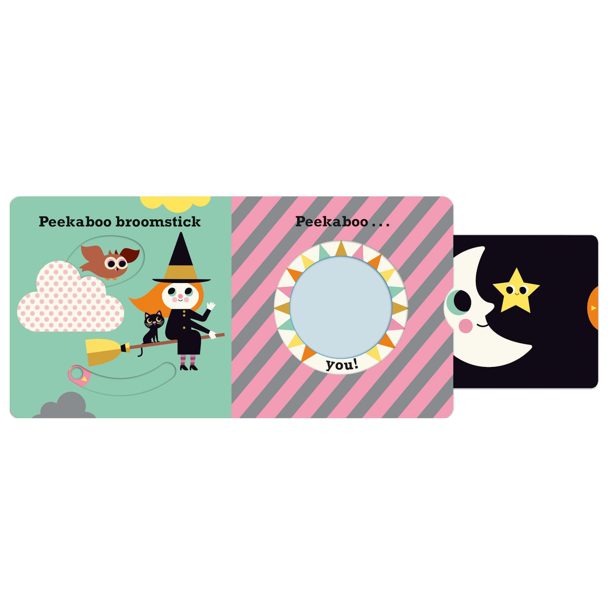 Front view of the open Peekaboo Pumpkin board book showing green and pink illustrated pages.