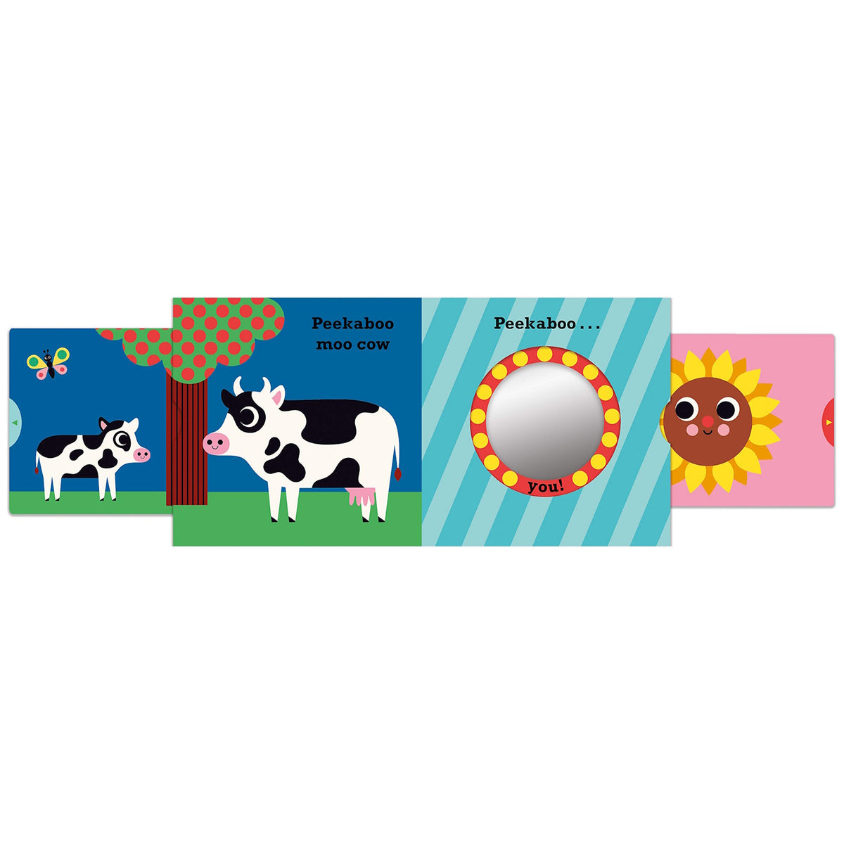 Peekaboo Moo Cow board book illustration featuring a cow, a butterfly, a sunflower, and a mirror for baby's reflection.