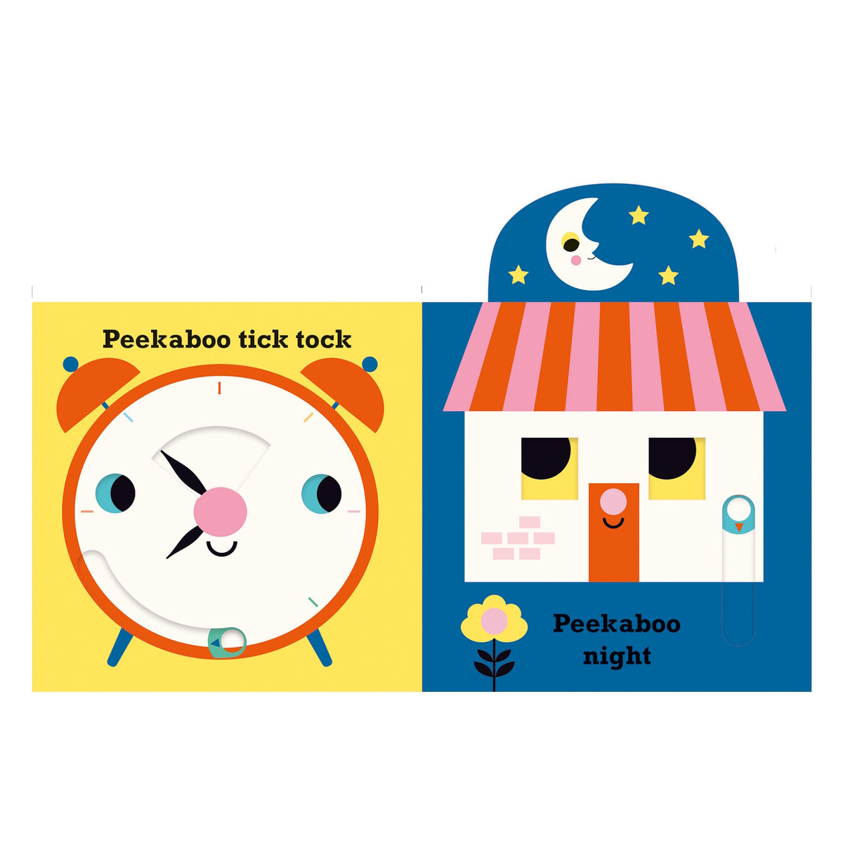 Colorful children's book pages featuring an orange alarm clock and a house under a crescent moon with "Peekaboo" text.