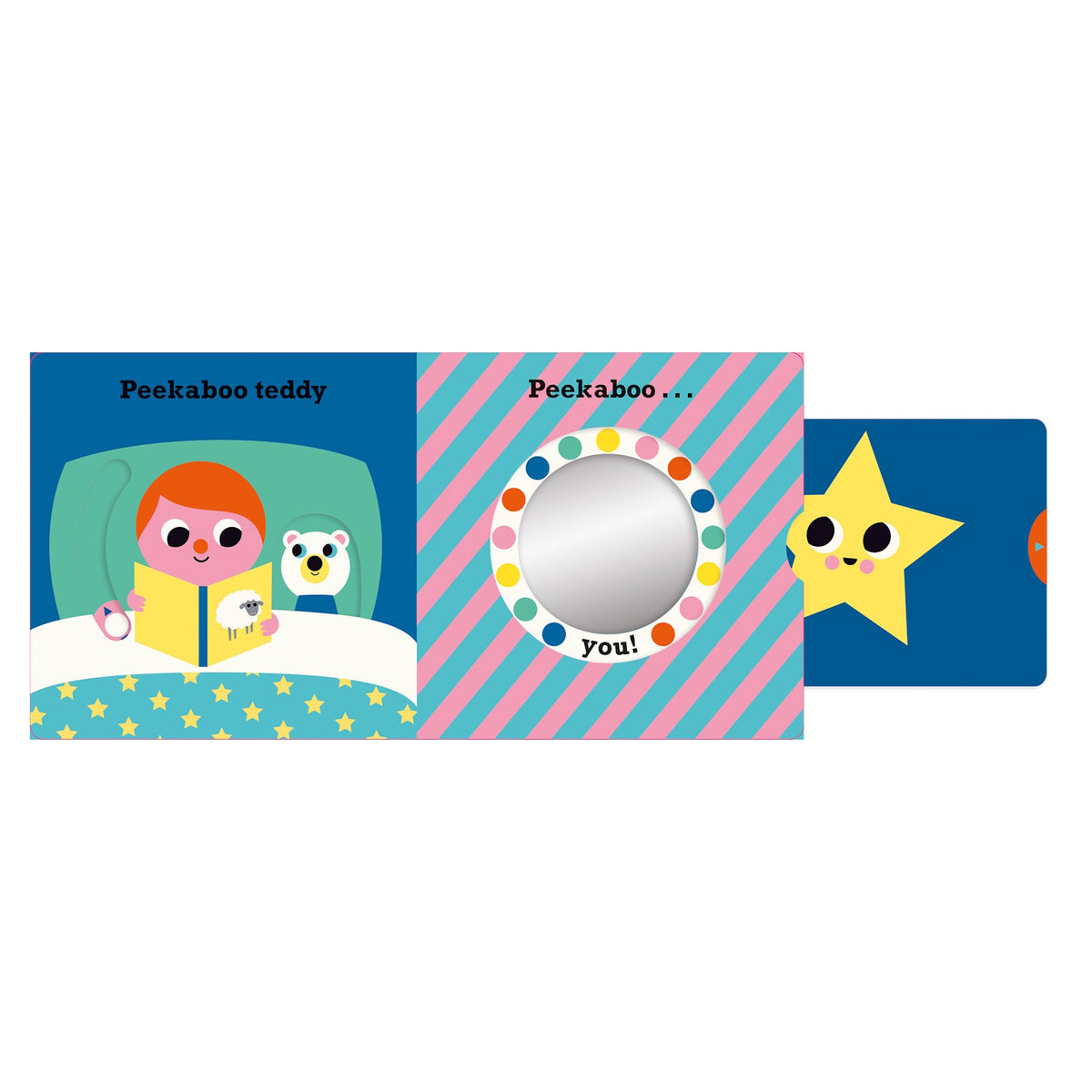 Colorful children's board book with a mirror, a star character, and a child reading a book with a teddy bear.