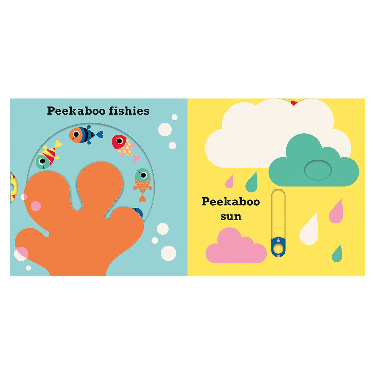 "Peekaboo Fishies" and "Peekaboo Sun" interactive board book pages with colorful fish and clouds.