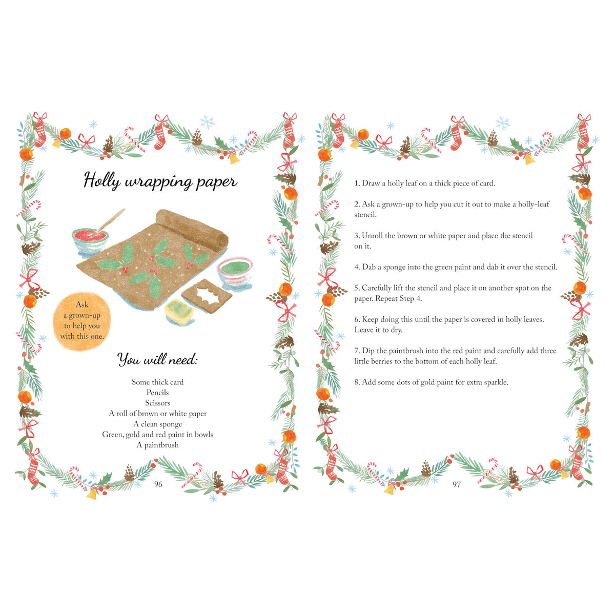 Festive page with holly-themed wrapping paper craft instructions. Colorful border of holly, pine cones, ribbons. Supplies and steps listed.