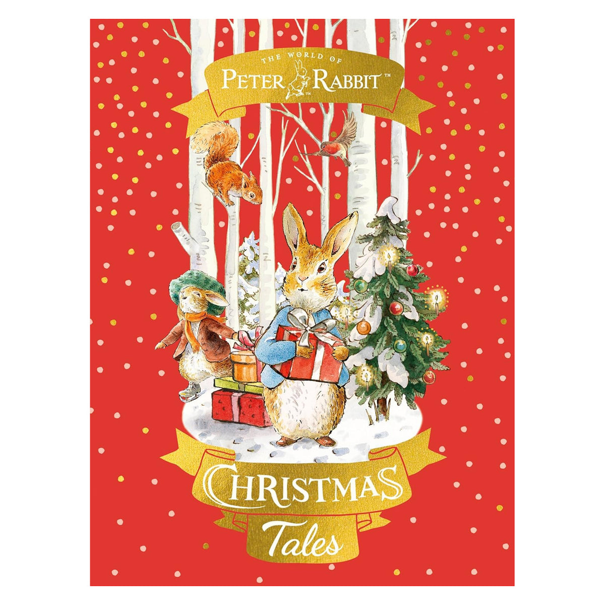 Illustrated cover of "Christmas Tales" with a rabbit holding gifts, surrounded by animals and a decorated Christmas tree. Red background with snowflakes.