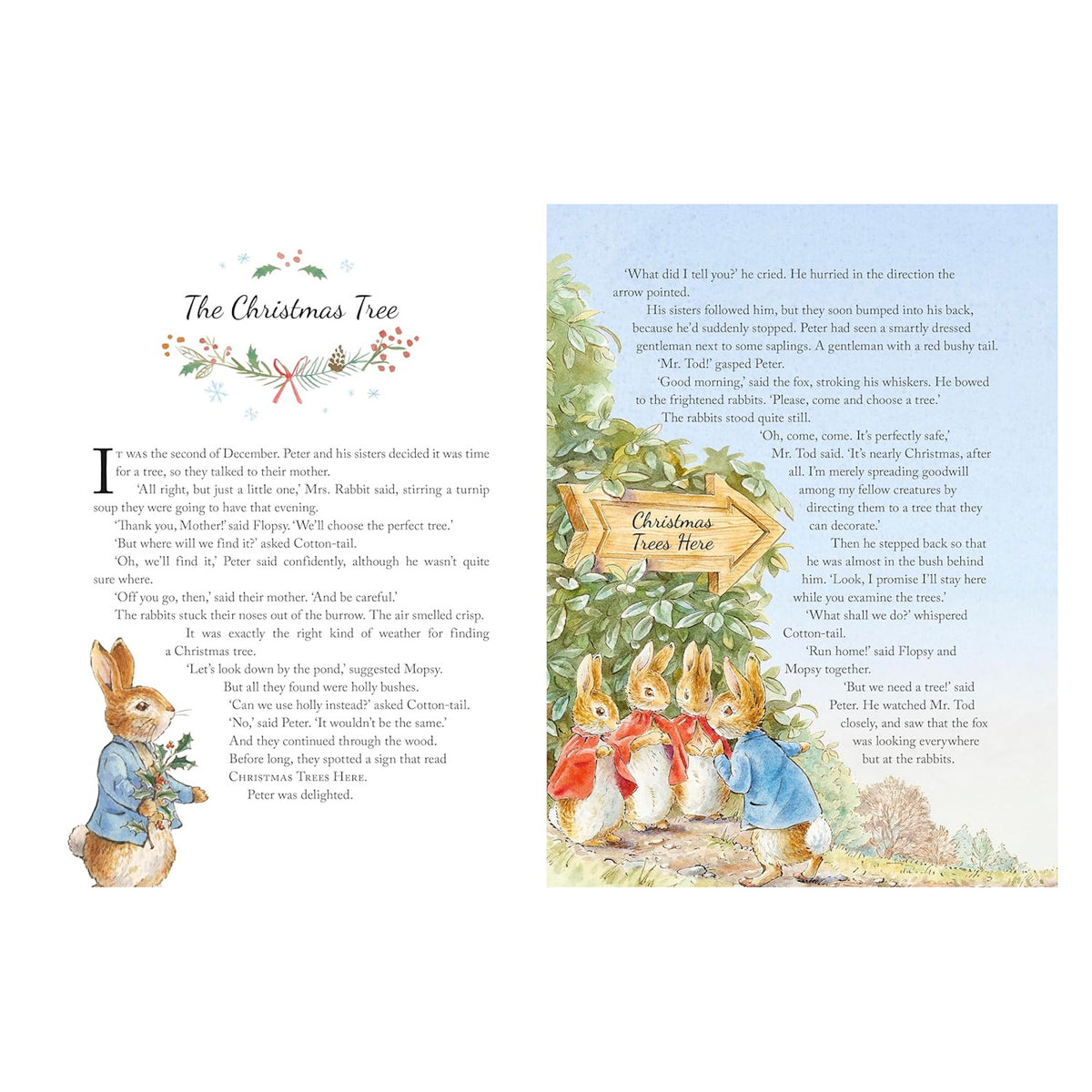 Illustrated children's story page featuring bunnies in winter attire near a "Christmas Trees Here" sign. Festive, whimsical, warm holiday scene.