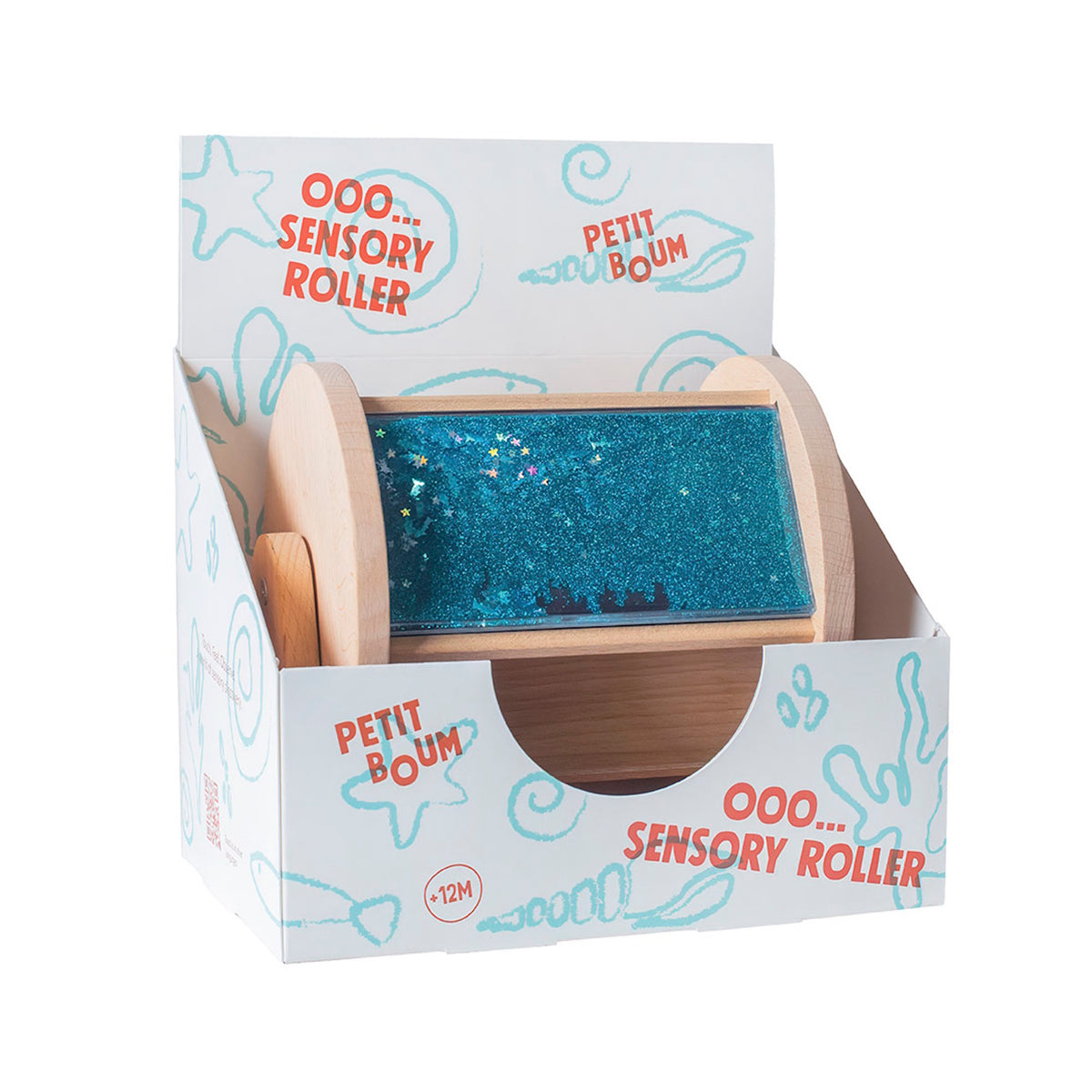 Petit Boum wooden sensory roller in its printed cardboard packaging box.