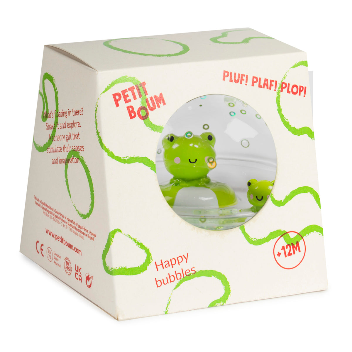 Packaging of a sensory toy with a green frog visible through a round window. The box features playful green circle designs and the text "Happy bubbles."