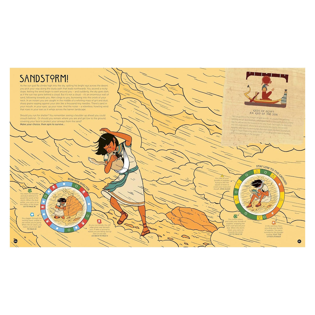 Illustrated spread from an Ancient Egypt survival book showing a character in a sandstorm with interactive spin wheels.