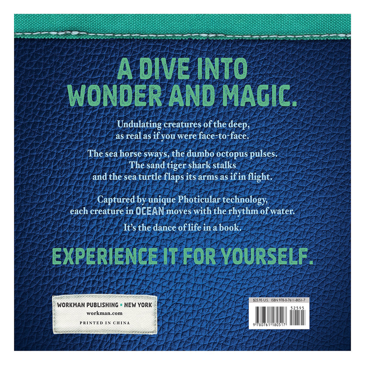 Text on a textured blue background reads: "A Dive into Wonder and Magic." Descriptions of sea creatures follow, highlighting lifelike movement. Includes publisher info.