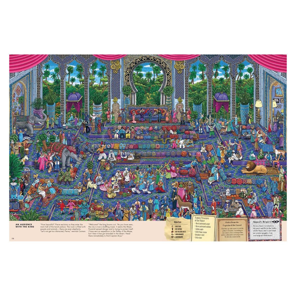 Colorful illustration of a vibrant royal court scene filled with people, animals, and lavish decor. Ornate arches and lush greenery set a festive, lively tone.