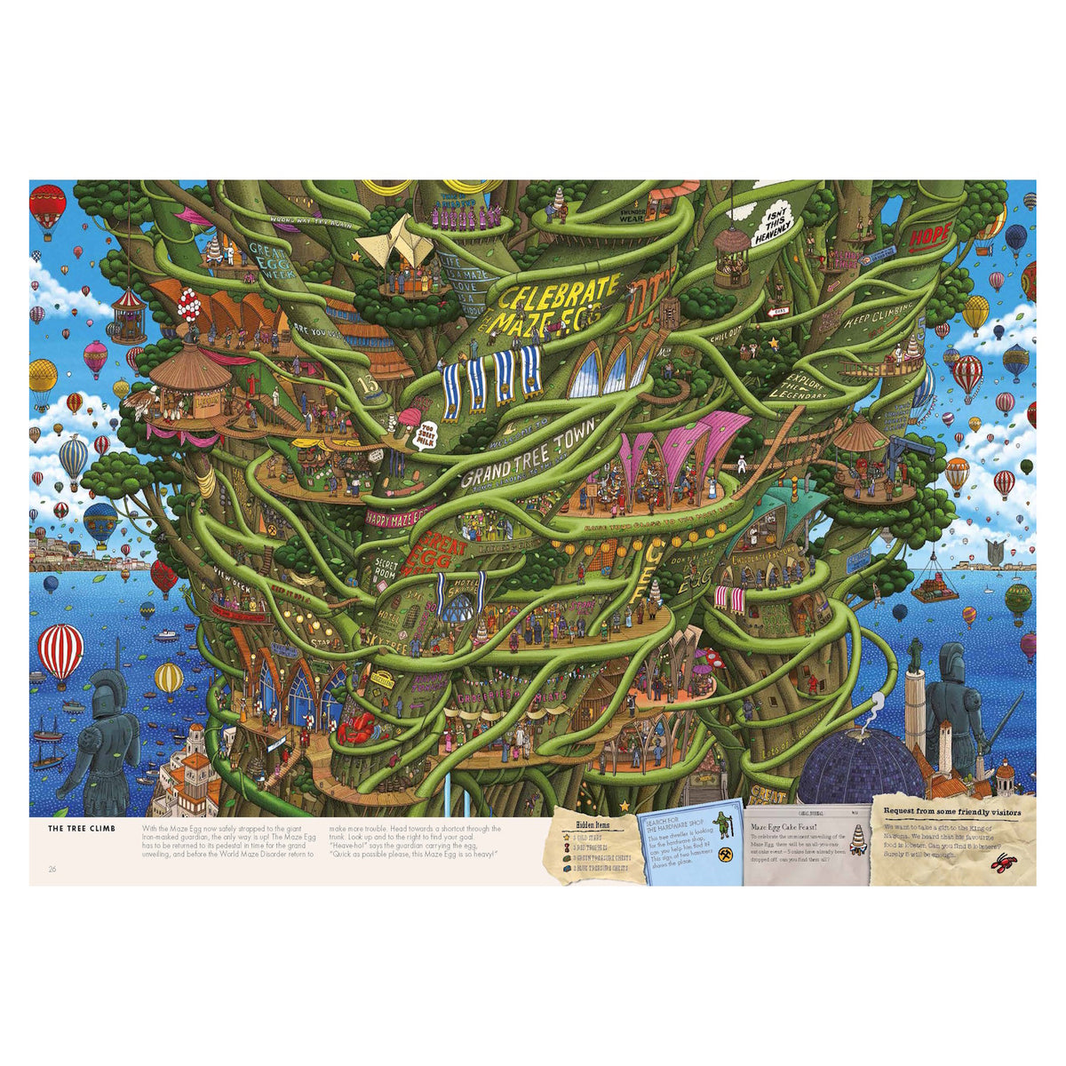 Illustration of a vibrant tree city with winding branches, treehouses, and buildings adorned with signs. Hot air balloons float against a blue sky, creating a whimsical, festive scene.