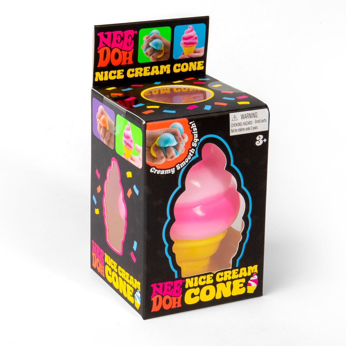 NeeDoh Nice Cream Cone packaging showing a pink toy ice cream cone inside a black display box.