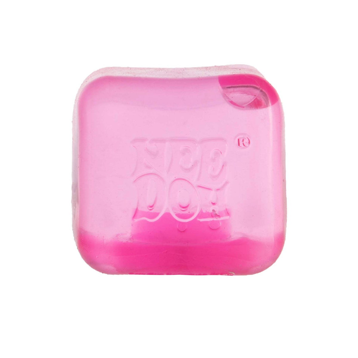 A translucent, square pink NeeDoh ice cube stress toy on a white background.
