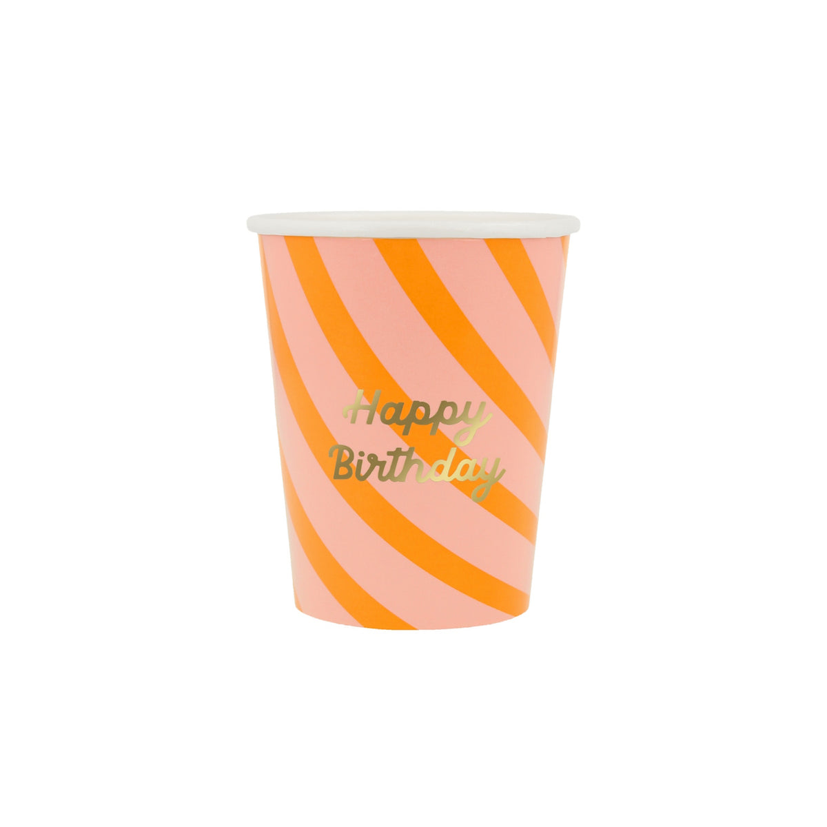 A pink and orange striped paper cup featuring gold "Happy Birthday" text.