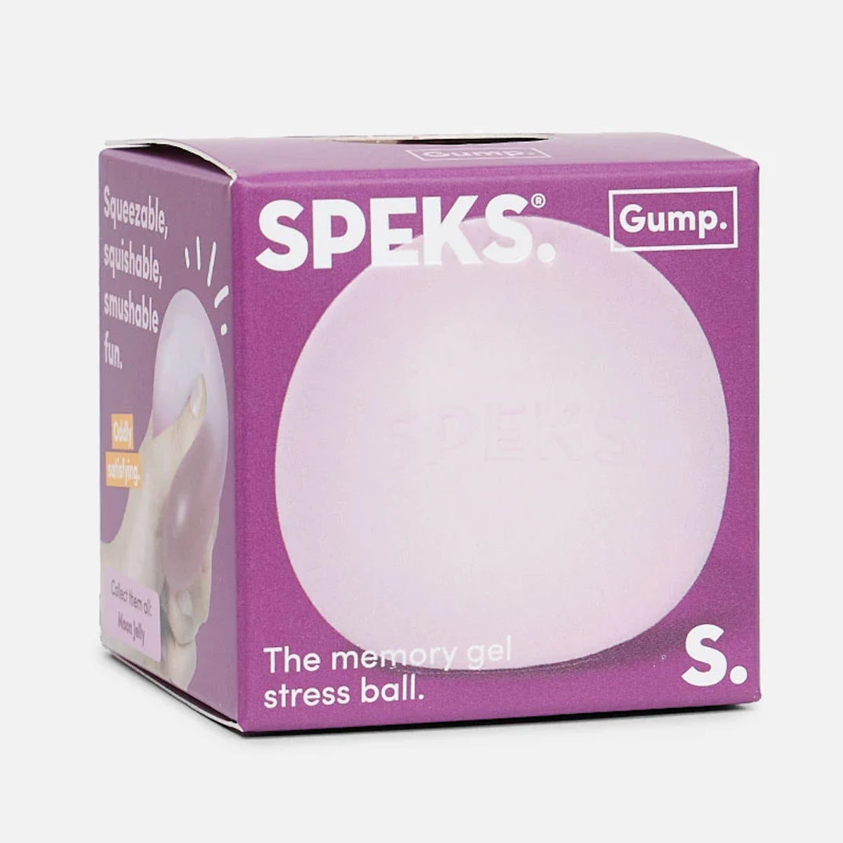 Purple packaging for a light pink Speks Gump memory gel stress ball.
