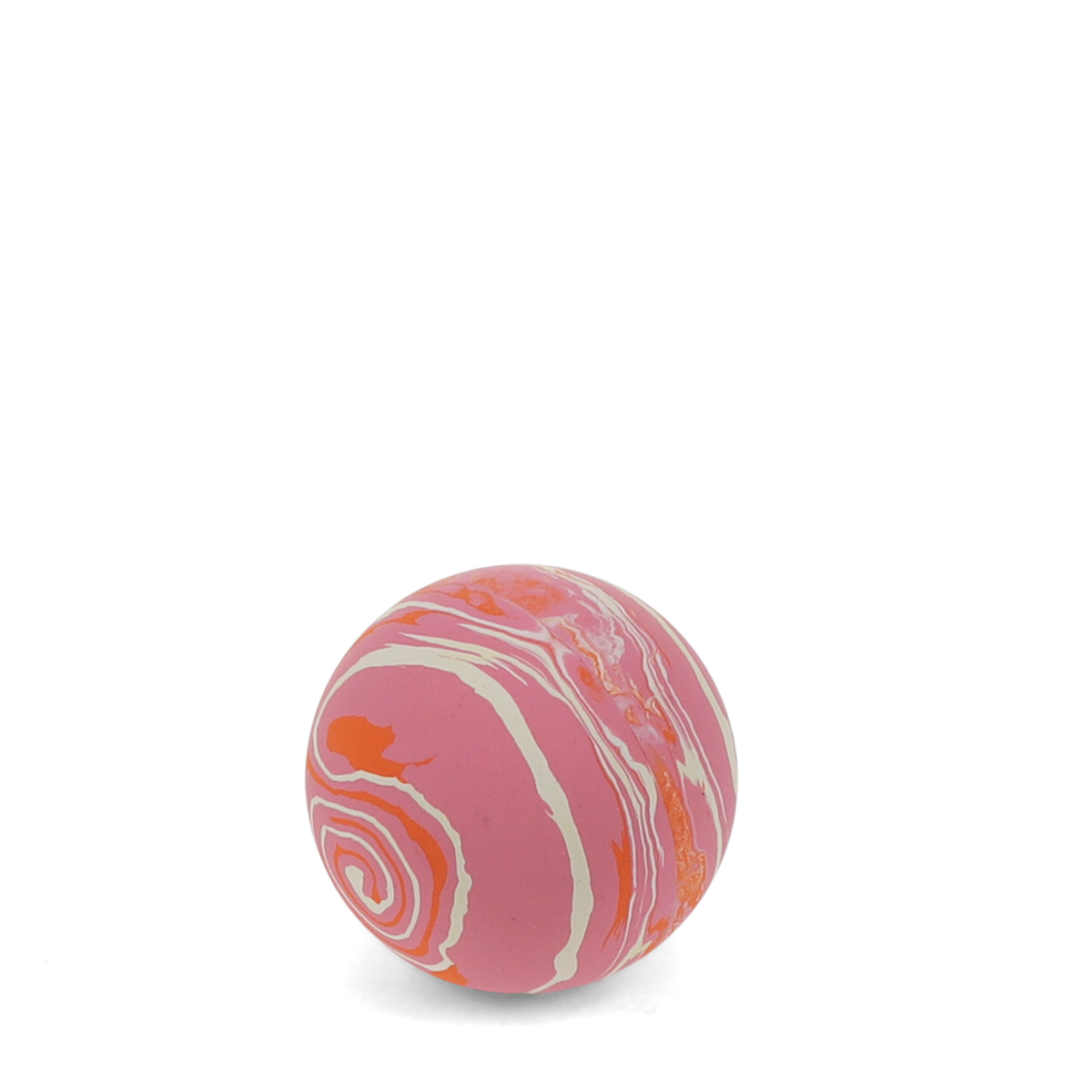 A vibrant pink, orange, and white swirled bouncy ball centered against a white background.