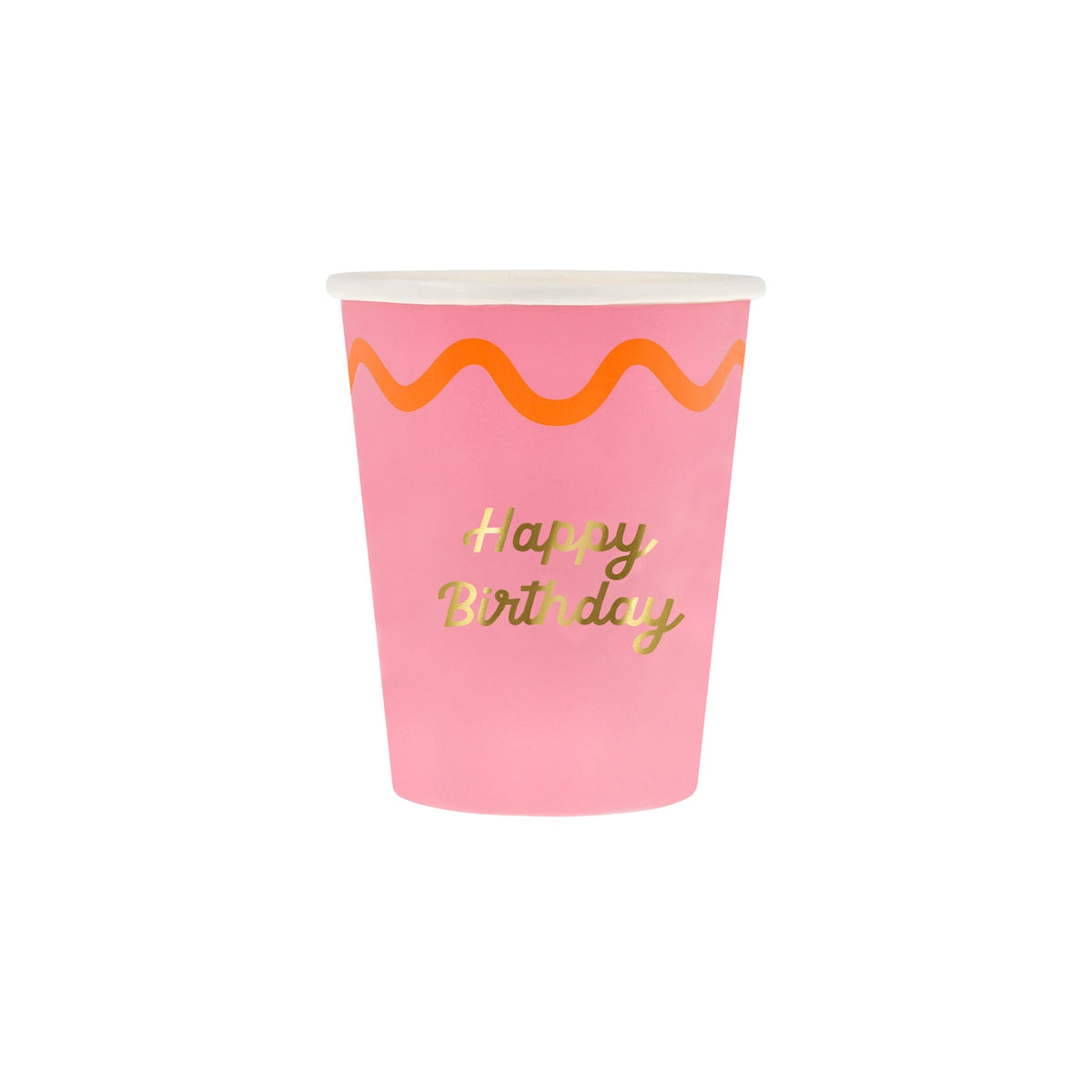 Pink paper cup with a gold "Happy Birthday" inscription and an orange wavy line design.