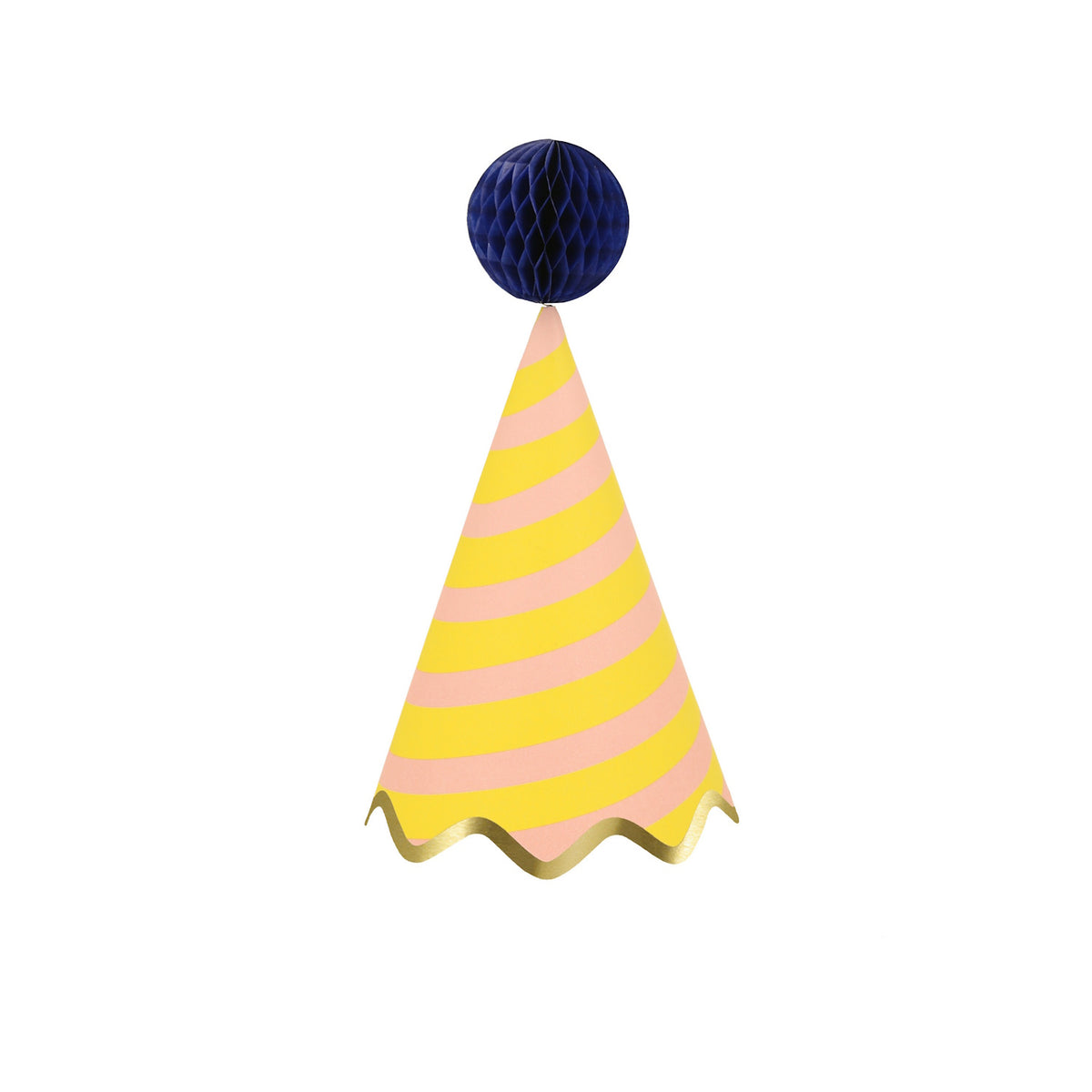 Striped party hat with yellow and pink spiral pattern, blue honeycomb pom-pom, and gold scalloped trim on white background.