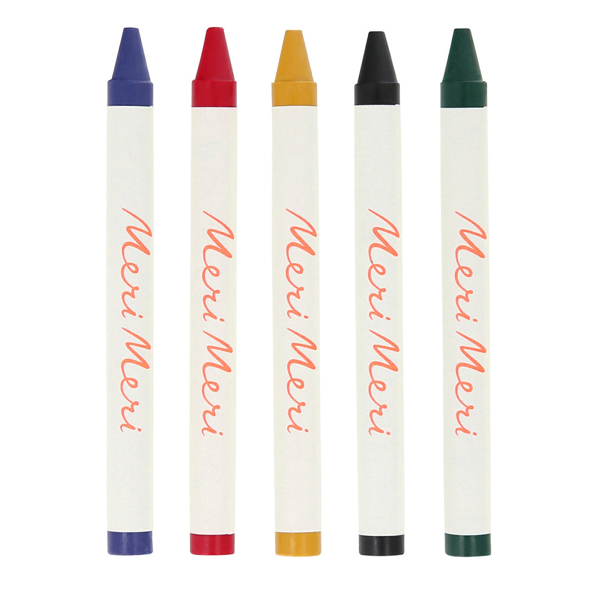 Five colorful Meri Meri crayons in blue, red, yellow, black, and green arranged side by side.