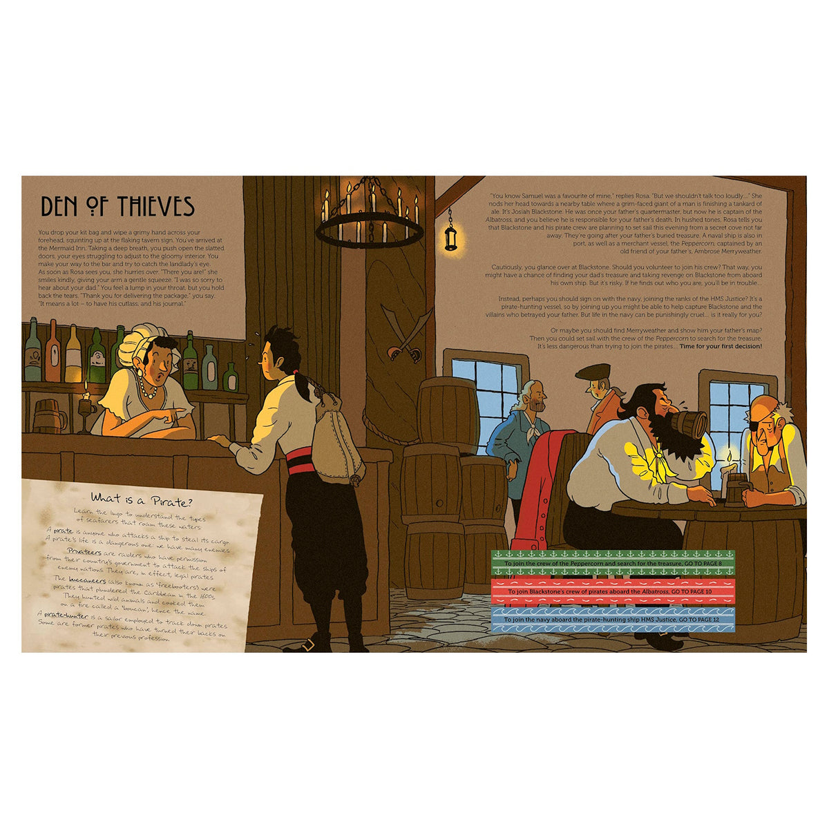 Illustration of a pirate tavern interior with characters, barrels, and "Den of Thieves" story text from a game book.