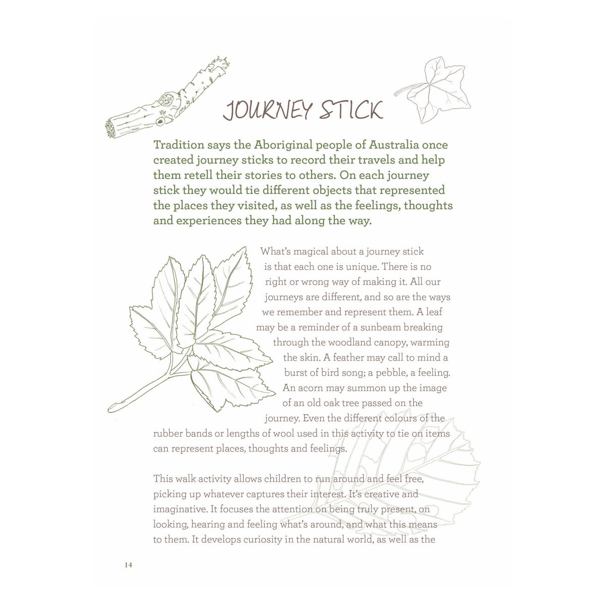 Book page titled "JOURNEY STICK" explaining the activity with line drawings of leaves and a wooden stick.