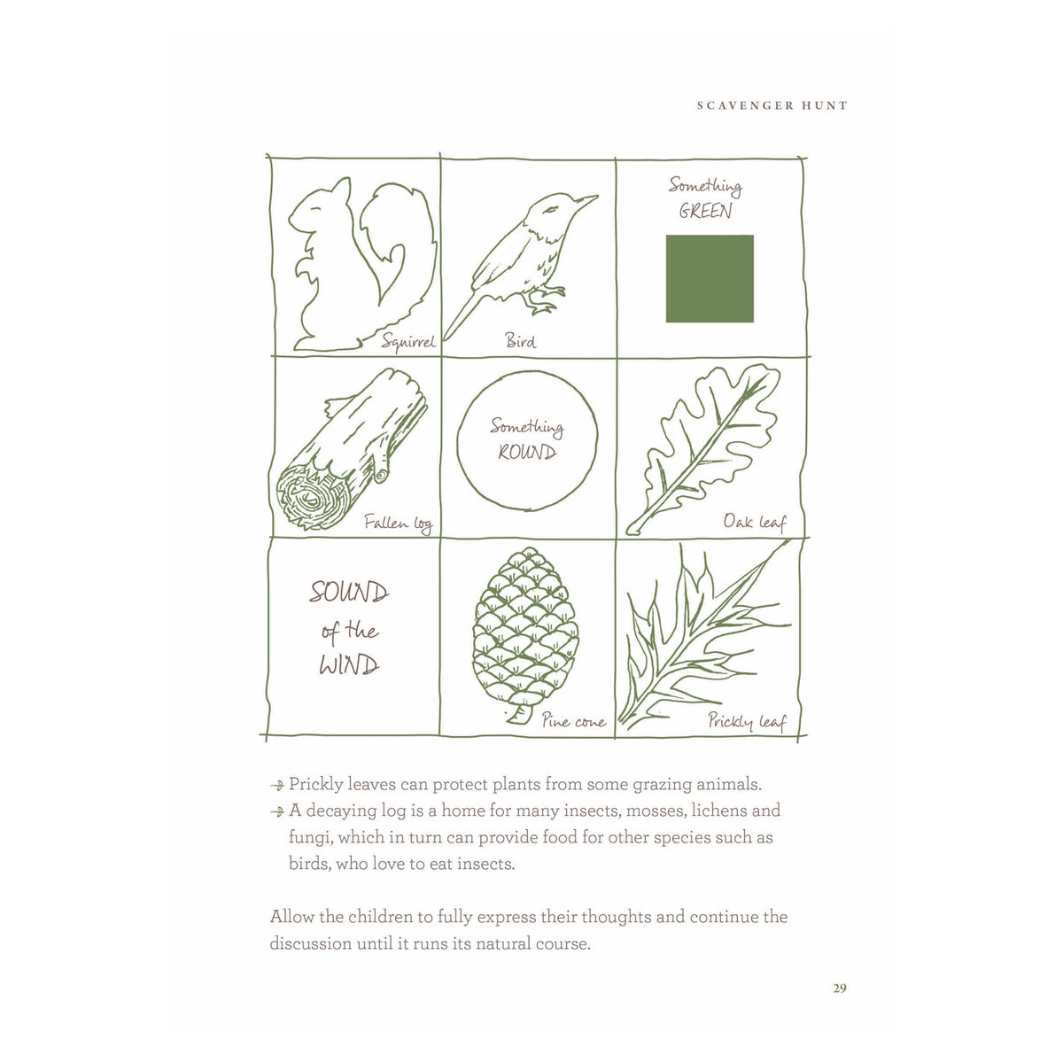 Book page showing a nature scavenger hunt grid with drawings of items like leaves, a pine cone, and animals.