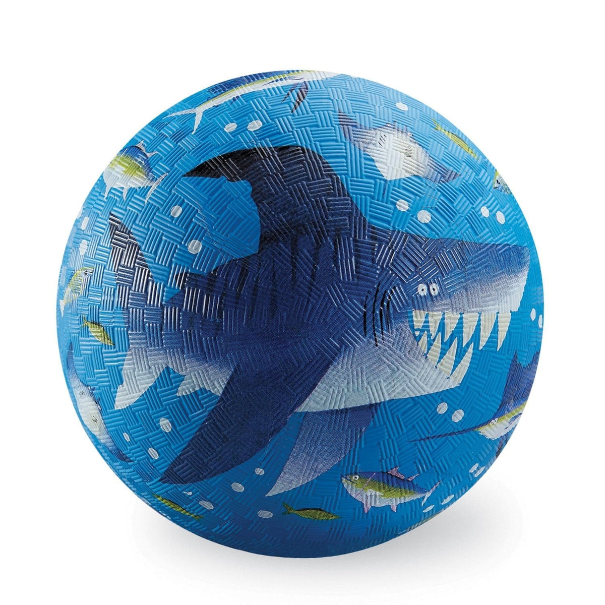 Blue playground ball textured with a large cartoon shark, fish, and bubbles.