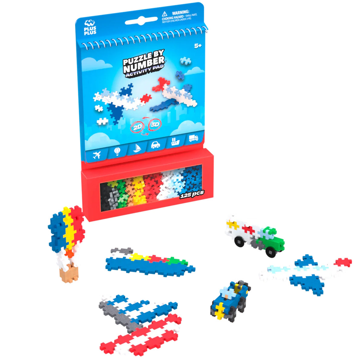 Plus-Plus Puzzle by Number Transportation Activity Pad with 125 pieces and 2D/3D builds of planes, cars, and a hot air balloon.