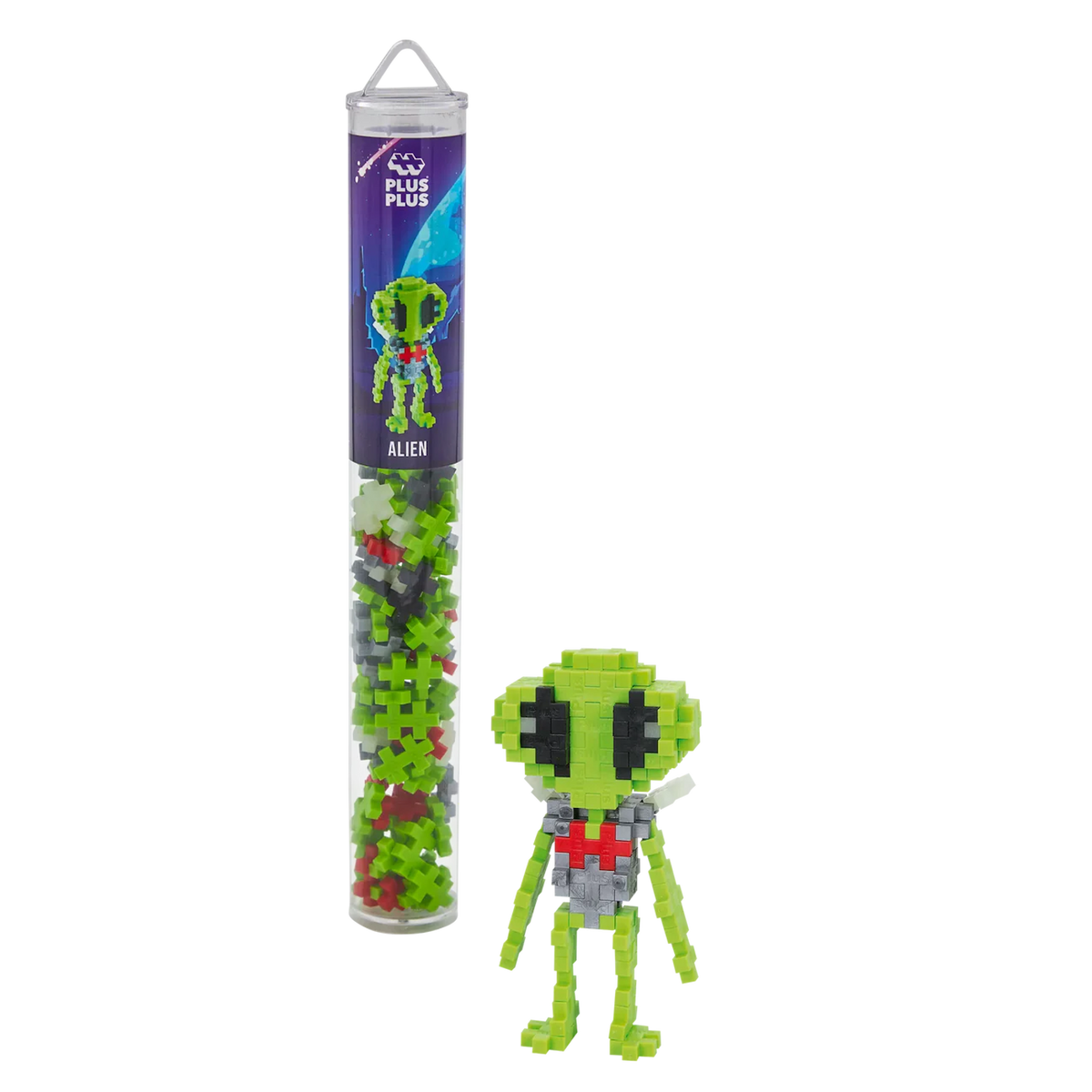Plastic tube with colorful interlocking toy pieces and an assembled green alien figure beside it, set against a white background. Fun and creative.