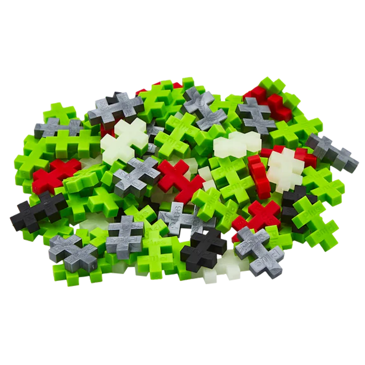 A pile of colorful plastic puzzle pieces shaped like plus signs. Pieces are red, green, white, gray, and black, set against a white background.