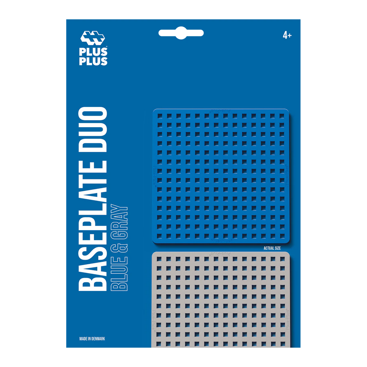 Packaging of Plus-Plus Baseplate Duo in blue and gray. The design features two perforated square baseplates on a blue background. Suitable for ages 4 and up.